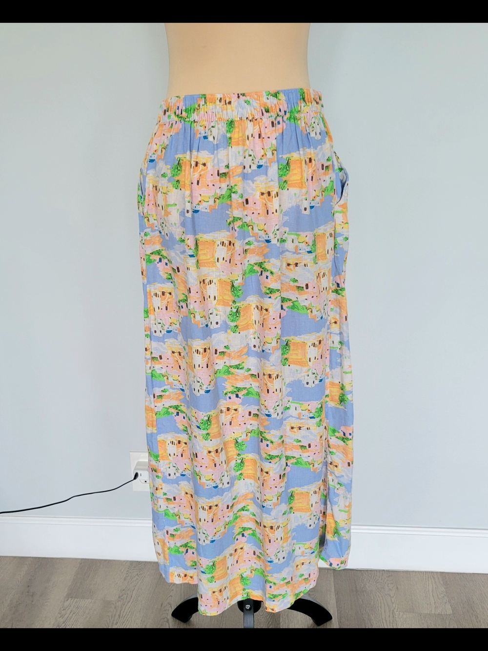 Cynthia Rowley Linen Blend Pastel Novelty Coastal Print Pockets Maxi Skirt Large - Picture 8 of 13